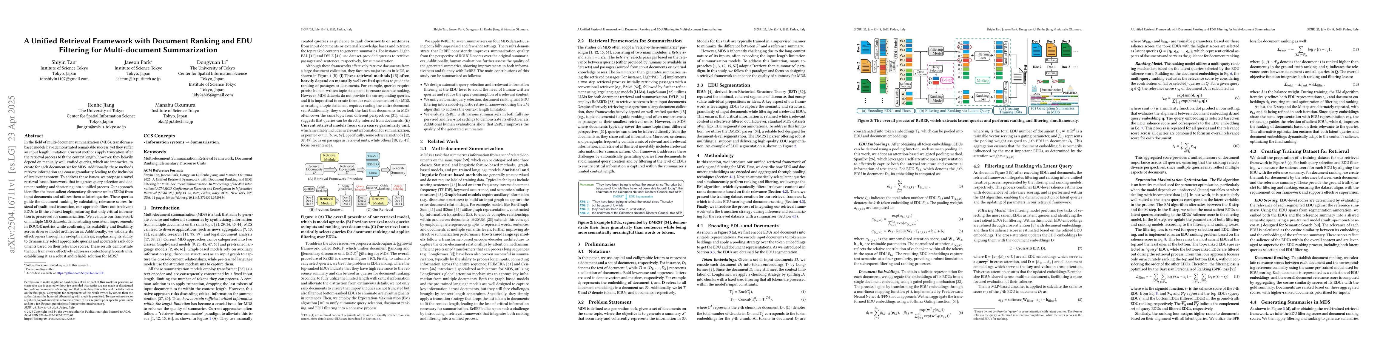 Thumbnail for A Unified Retrieval Framework with Document Ranking and EDU Filtering
  for Multi-document Summarization