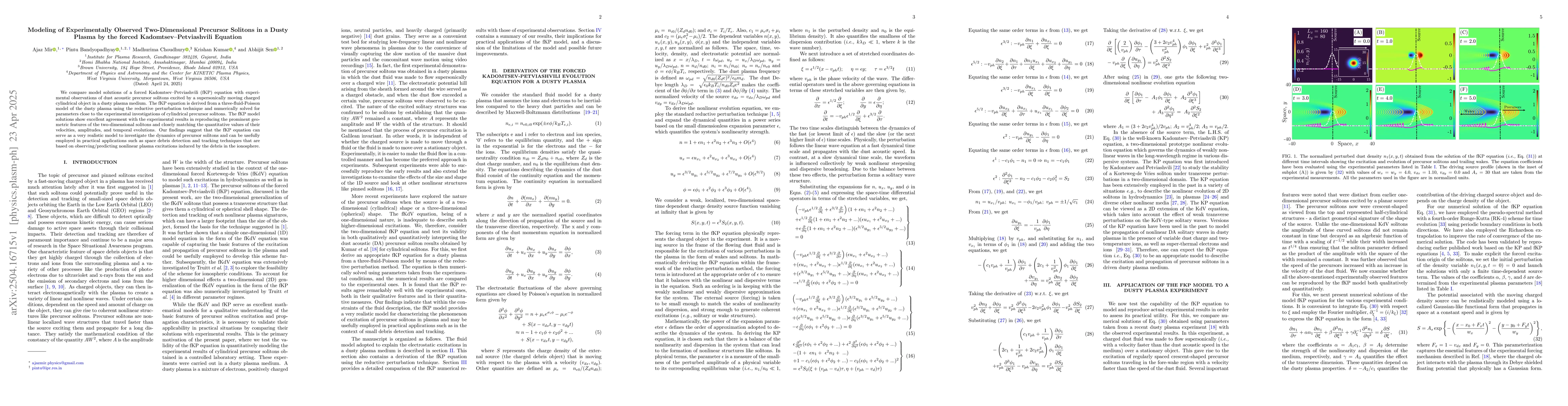 Thumbnail for Modeling of Experimentally Observed Two-Dimensional Precursor Solitons
  in a Dusty Plasma by the forced Kadomtsev-Petviashvili Equation