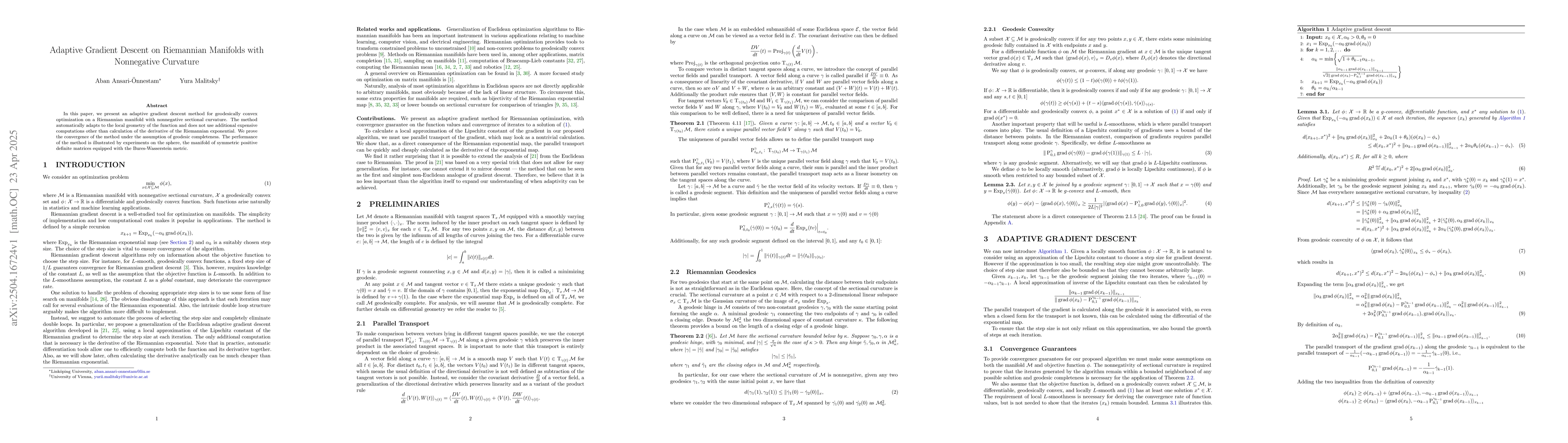 Thumbnail for Adaptive Gradient Descent on Riemannian Manifolds with Nonnegative
  Curvature