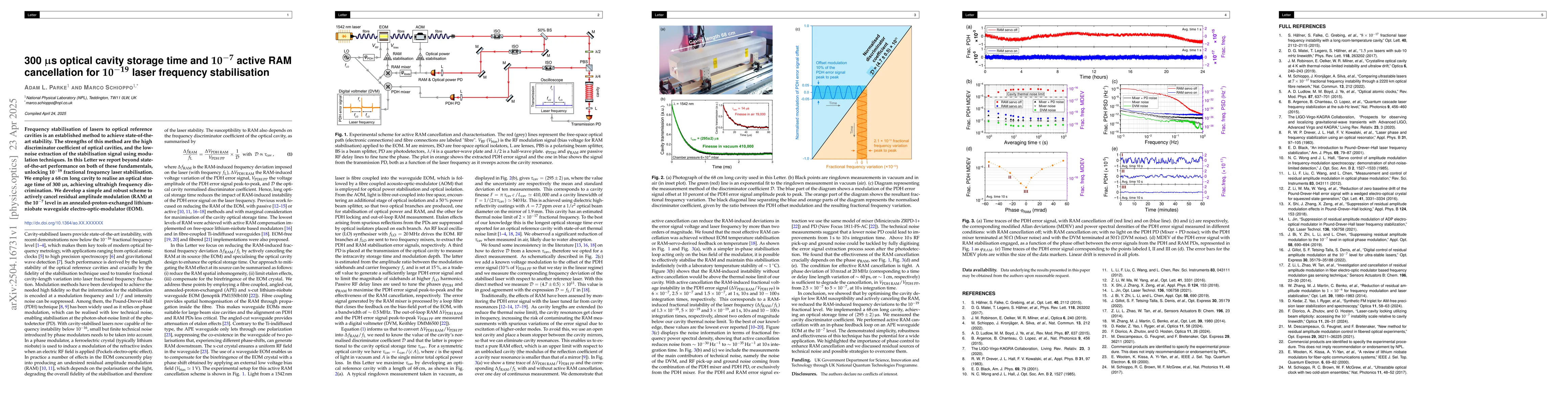 Thumbnail for 300 μs optical cavity storage time and $\mathbf{10^{-7}}$ active RAM
  cancellation for $\mathbf{10^{-19}}$ laser frequency stabilisation