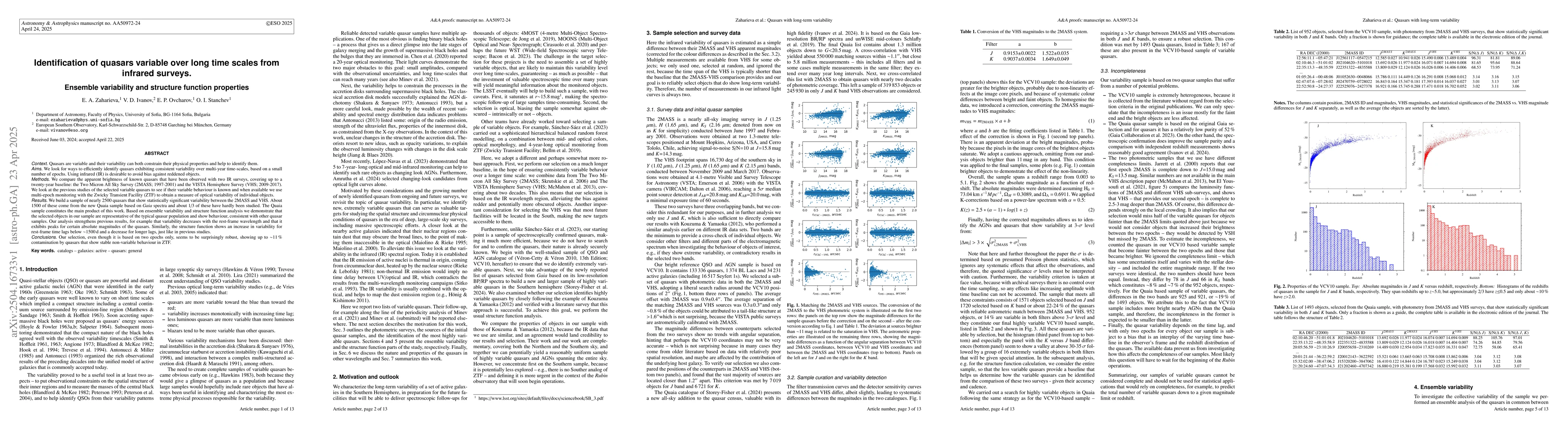 Thumbnail for Identification of quasars variable over long time scales from infrared
  surveys. Ensemble variability and structure function properties