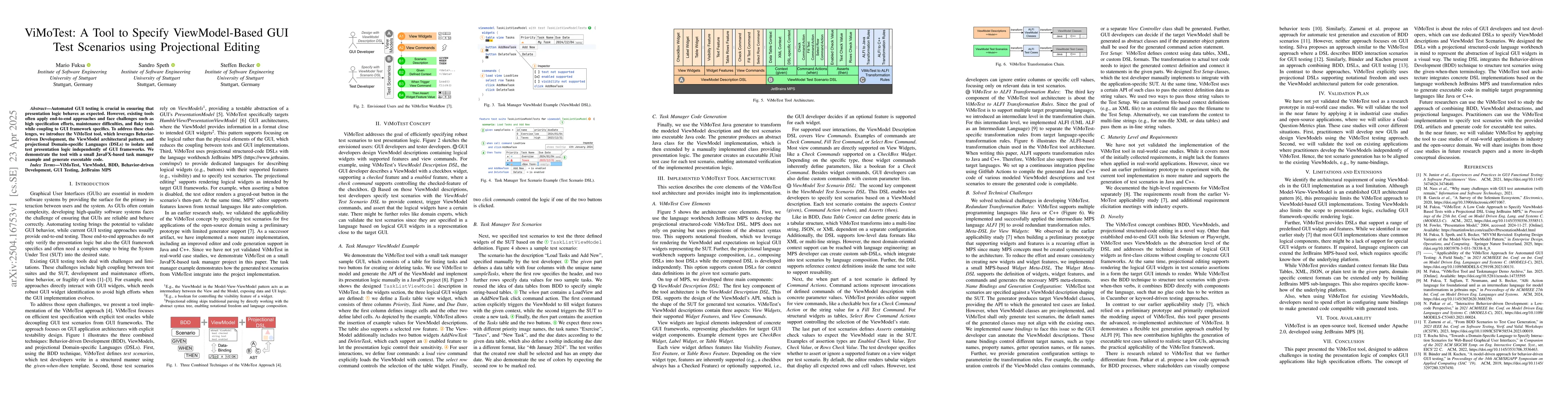 Thumbnail for ViMoTest: A Tool to Specify ViewModel-Based GUI Test Scenarios using
  Projectional Editing