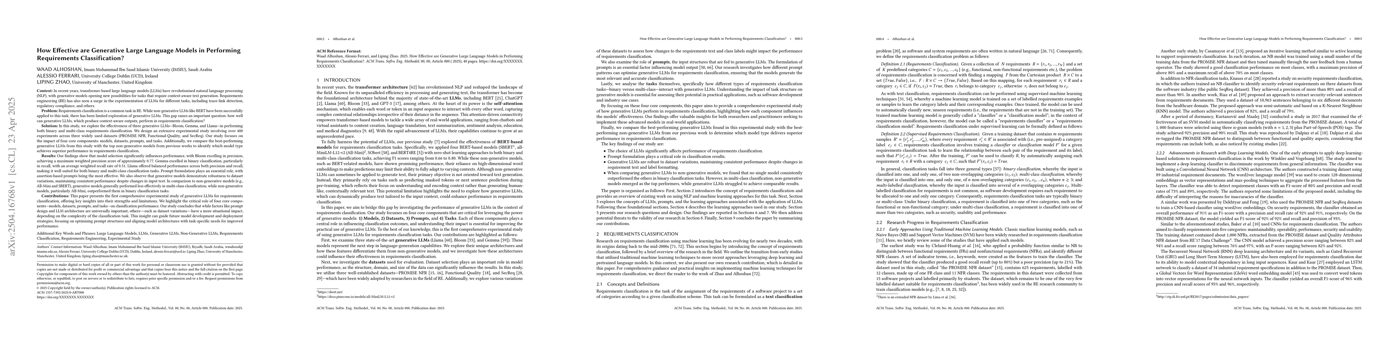 Thumbnail for How Effective are Generative Large Language Models in Performing
  Requirements Classification?
