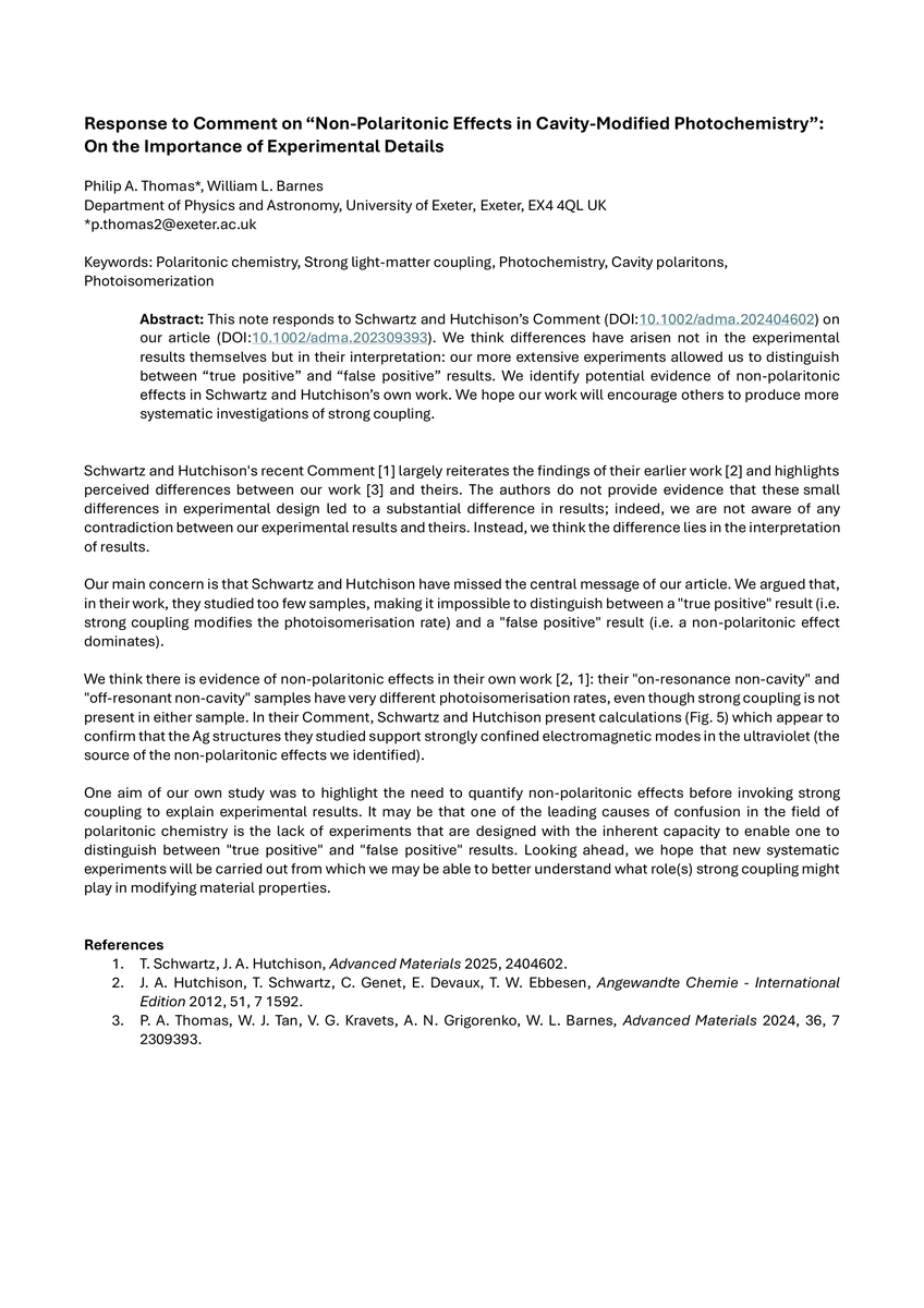 Thumbnail for Response to Comment on "Non-Polaritonic Effects in Cavity-Modified
  Photochemistry": On the Importance of Experimental Details