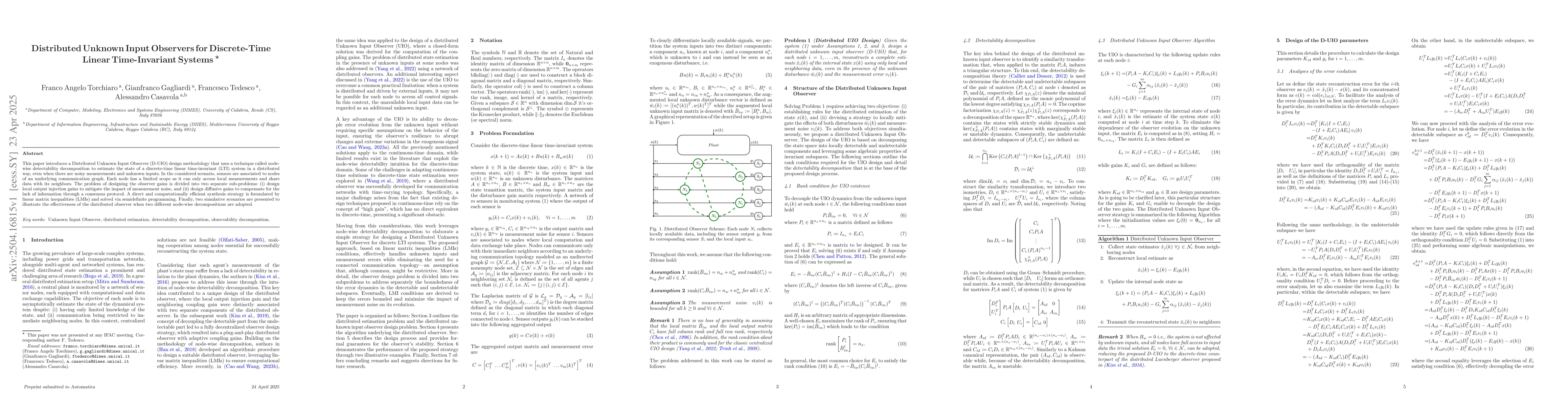 Thumbnail for Distributed Unknown Input Observers for Discrete-Time Linear
  Time-Invariant Systems