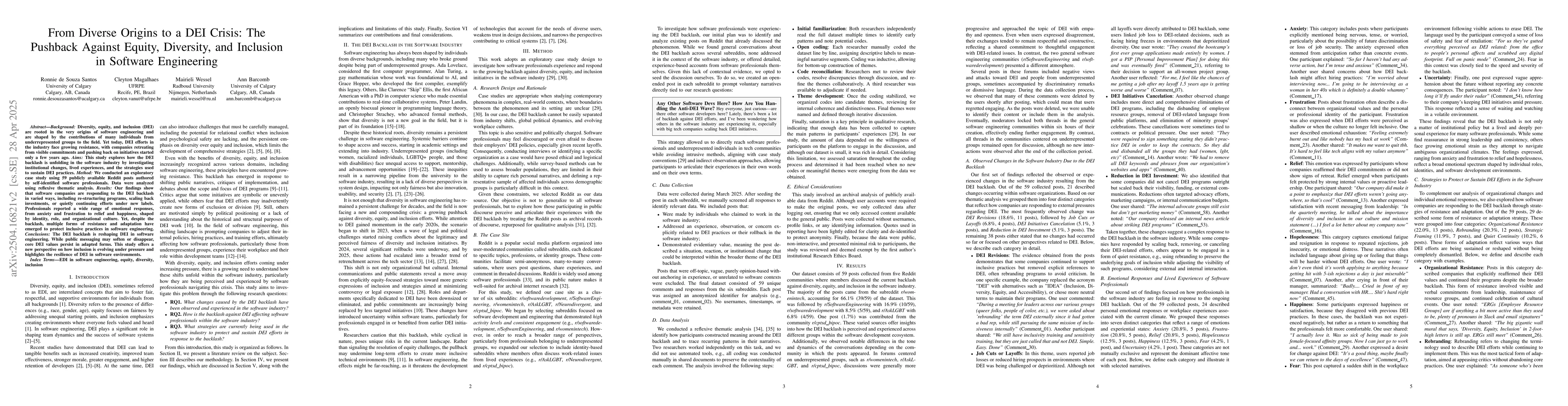 Thumbnail for From Diverse Origins to a DEI Crisis: The Pushback Against Equity,
  Diversity, and Inclusion in Software Engineering