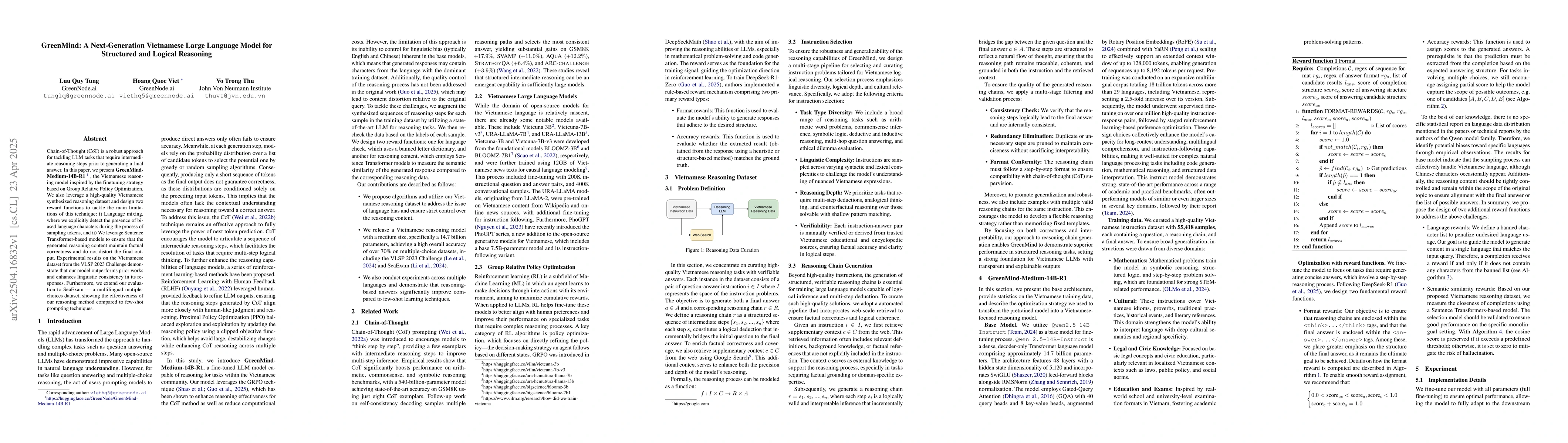 Thumbnail for GreenMind: A Next-Generation Vietnamese Large Language Model for
  Structured and Logical Reasoning