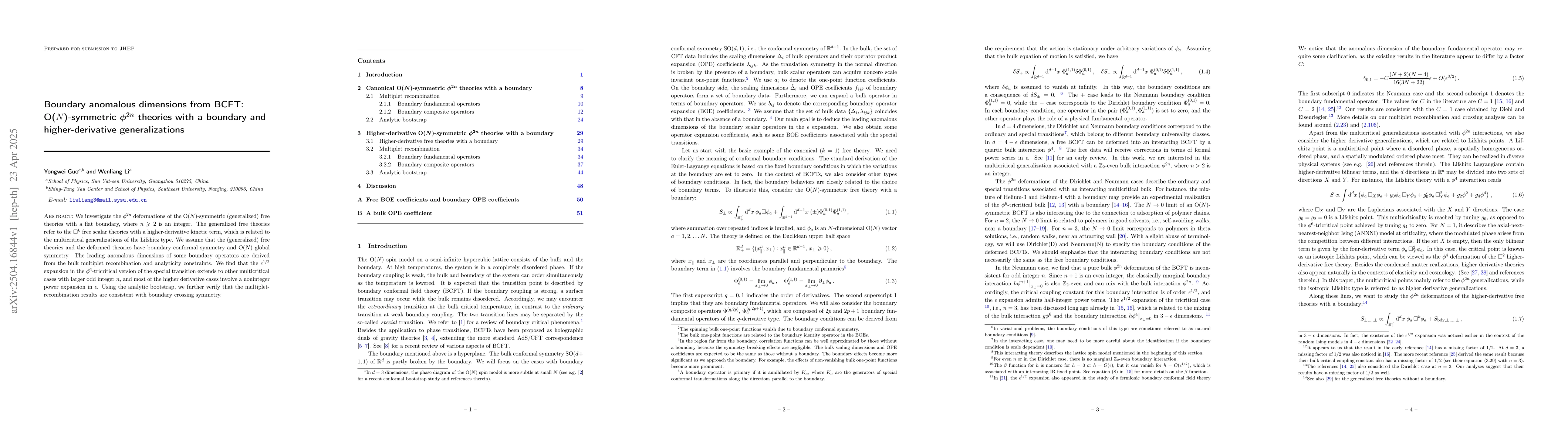 Thumbnail for Boundary anomalous dimensions from BCFT: O($N$)-symmetric $φ^{2n}$
  theories with a boundary and higher-derivative generalizations