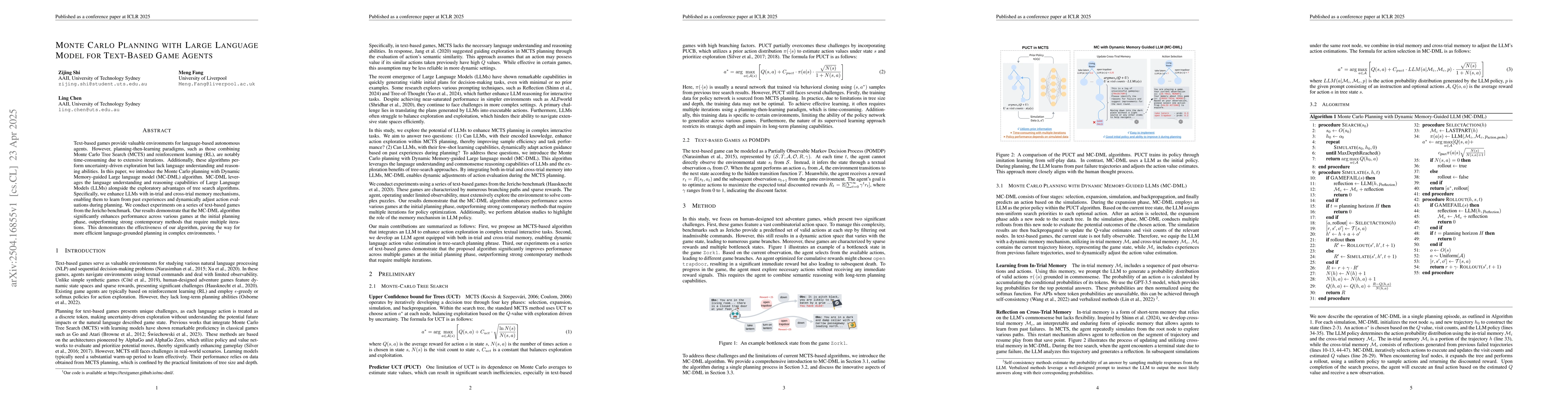 Thumbnail for Monte Carlo Planning with Large Language Model for Text-Based Game
  Agents