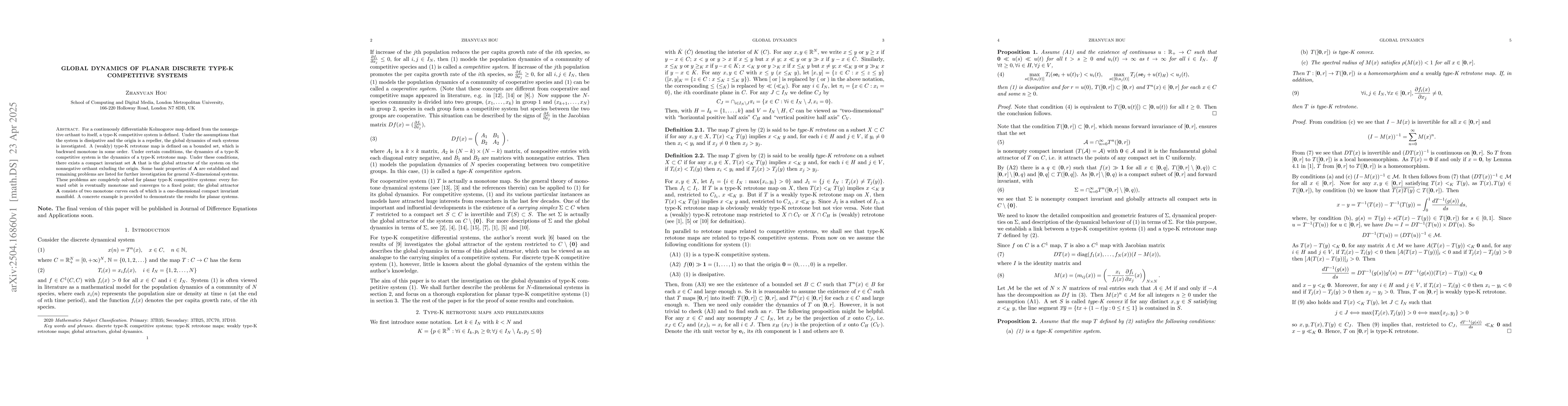 Thumbnail for Global dynamics of planar discrete type-K competitive systems