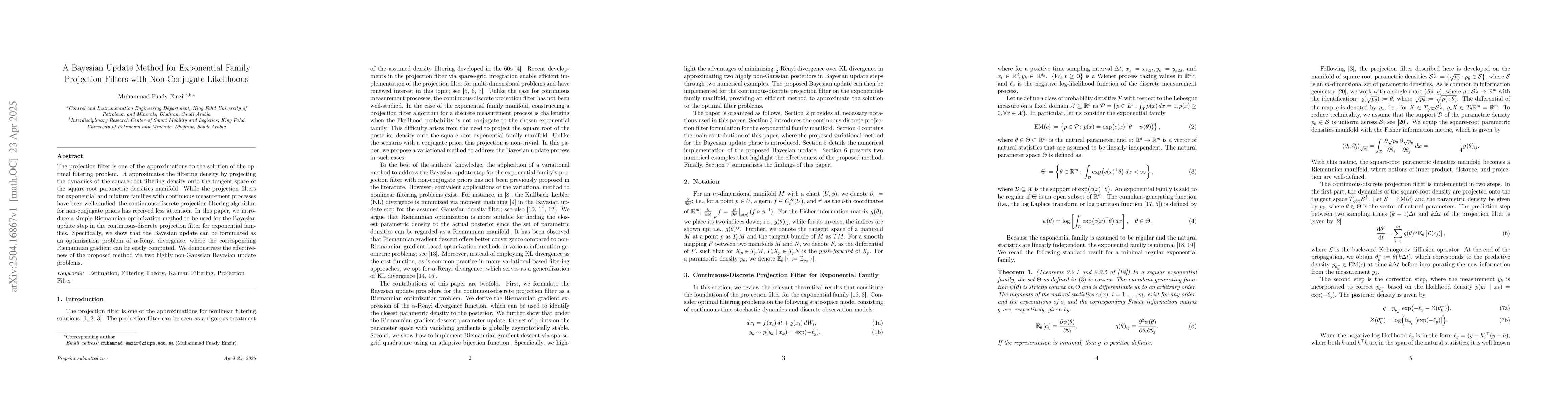Thumbnail for A Bayesian Update Method for Exponential Family Projection Filters with
  Non-Conjugate Likelihoods