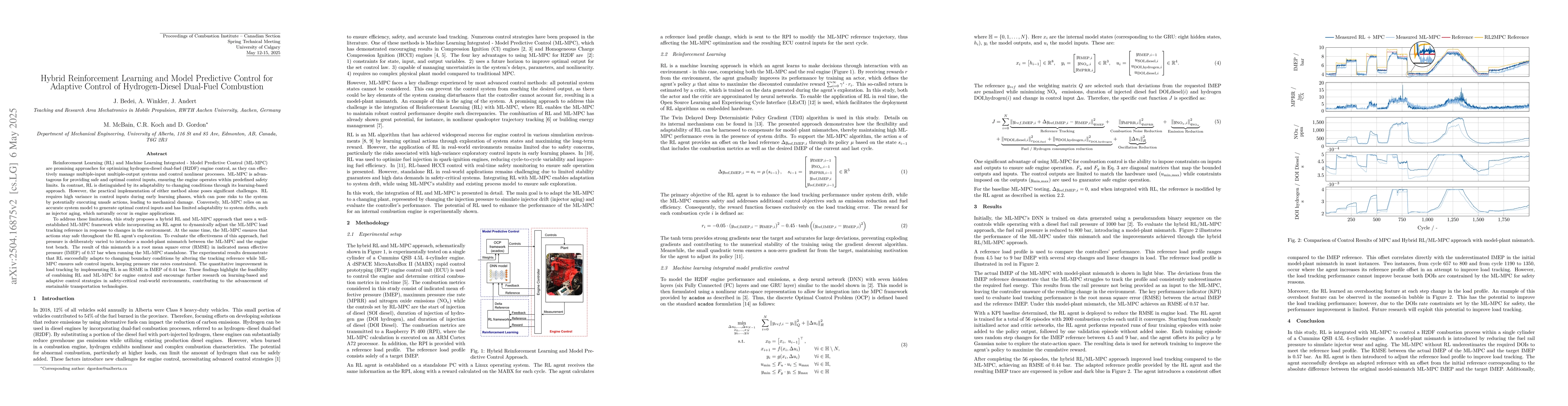 Thumbnail for Hybrid Reinforcement Learning and Model Predictive Control for Adaptive
  Control of Hydrogen-Diesel Dual-Fuel Combustion
