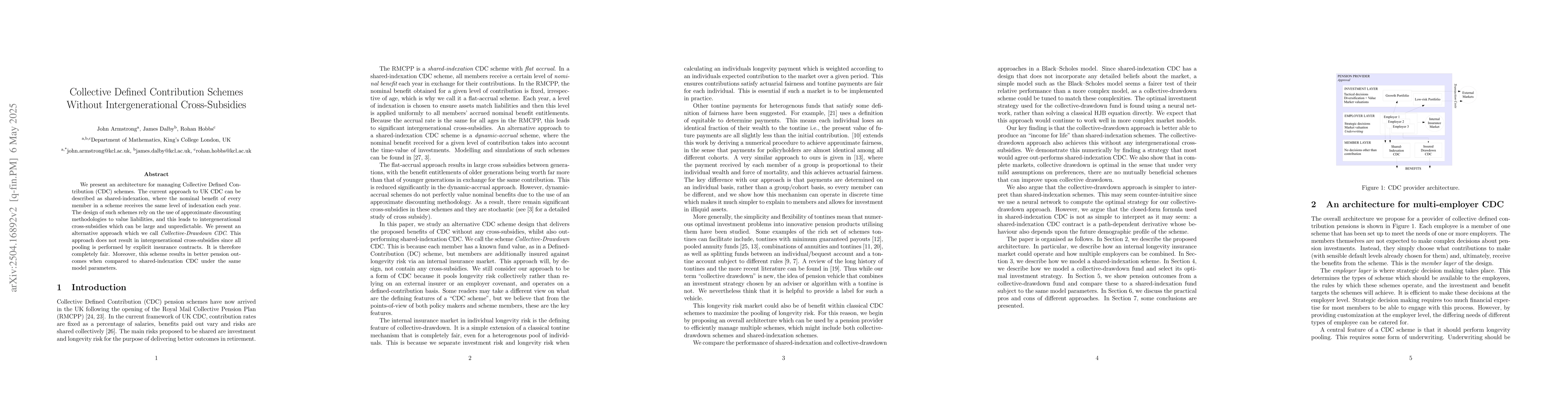 Thumbnail for Collective Defined Contribution Schemes Without Intergenerational
  Cross-Subsidies