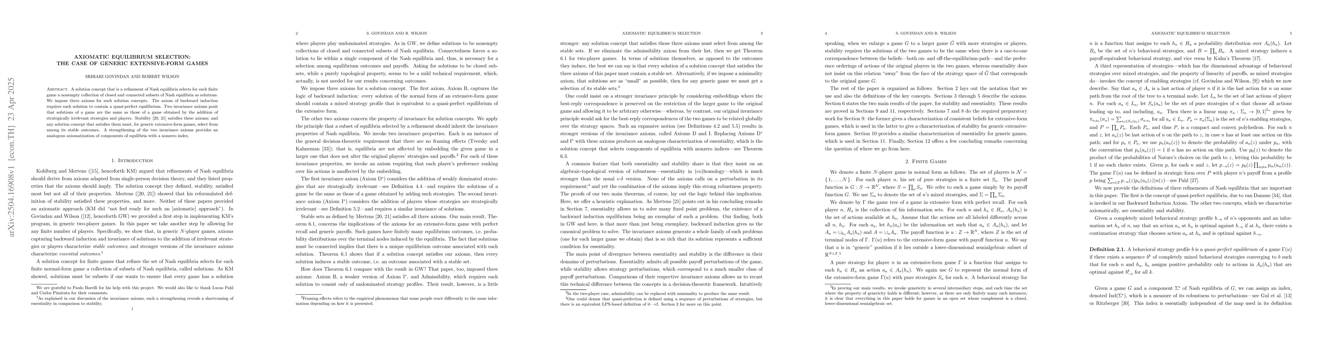 Thumbnail for Axiomatic Equilibrium Selection: The Case of Generic Extensive Form
  Games