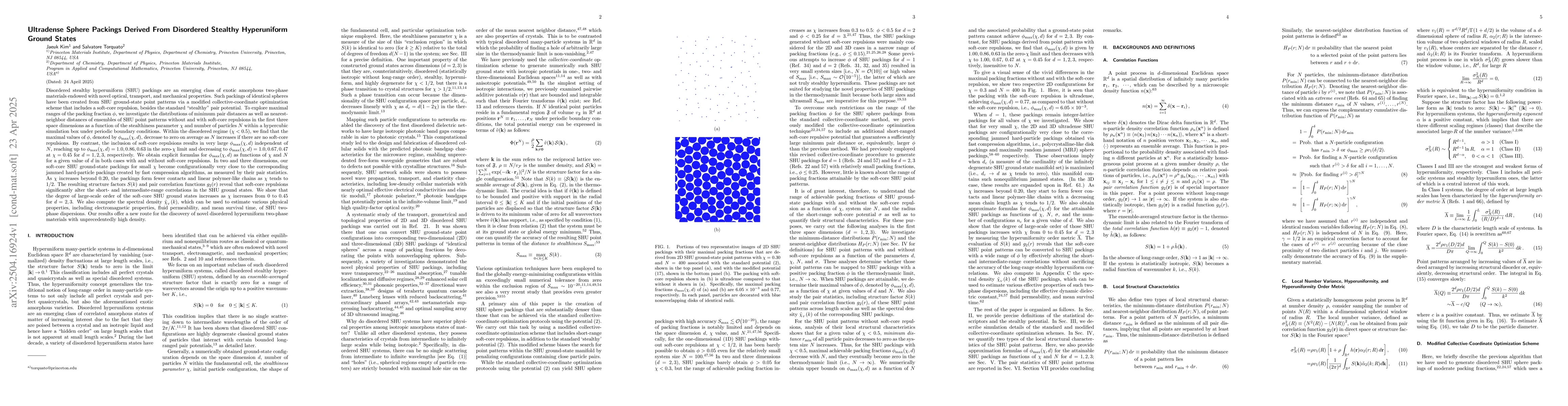 Thumbnail for Ultradense Sphere Packings Derived From Disordered Stealthy Hyperuniform
  Ground States