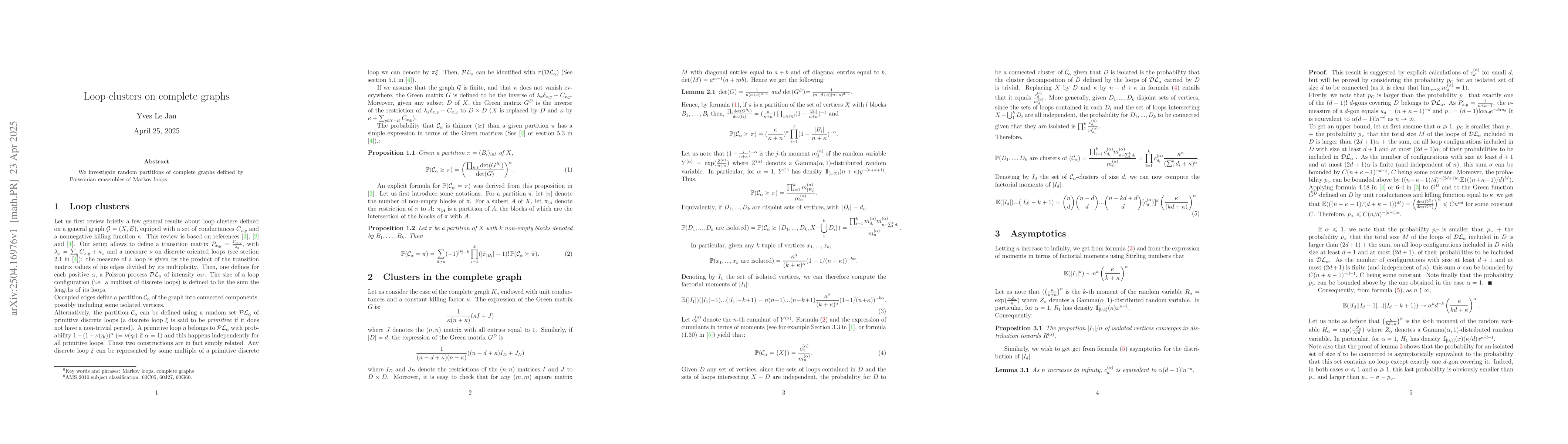 Thumbnail for Loop clusters on complete graphs