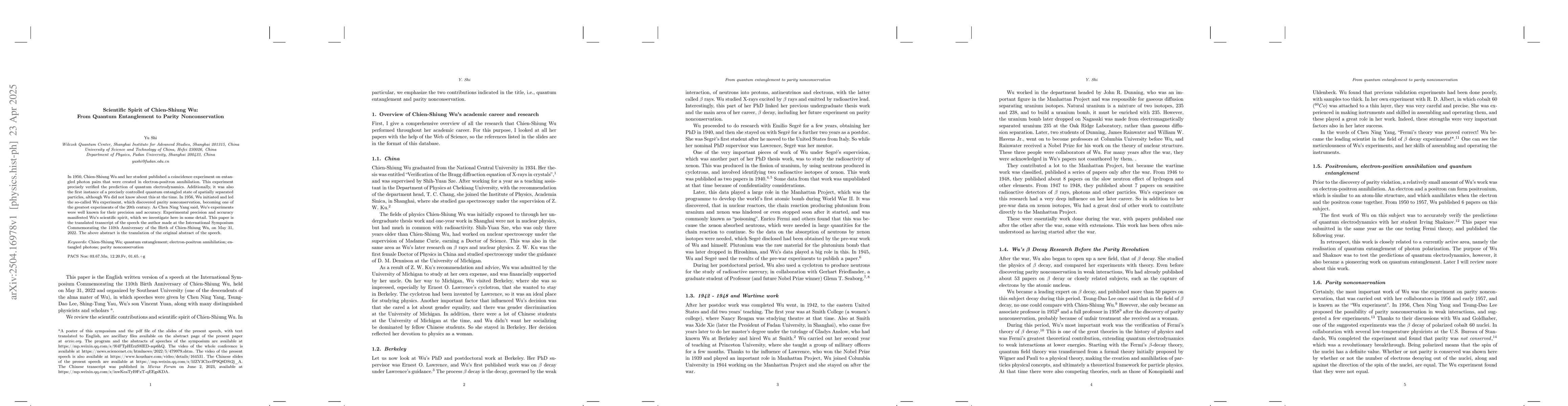 Thumbnail for Scientific Spirit of Chien-Shiung Wu: From Quantum Entanglement to
  Parity Nonconservation