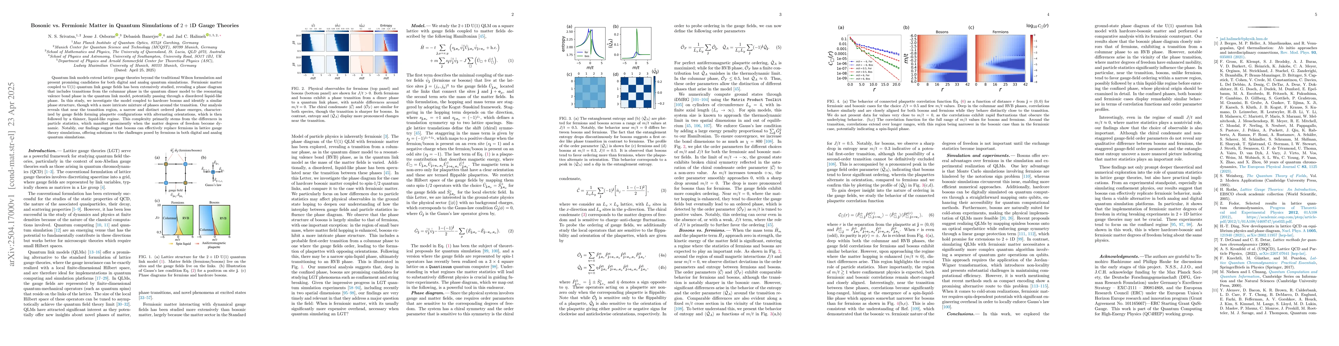 Thumbnail for Bosonic vs. Fermionic Matter in Quantum Simulations of $2+1$D Gauge
  Theories