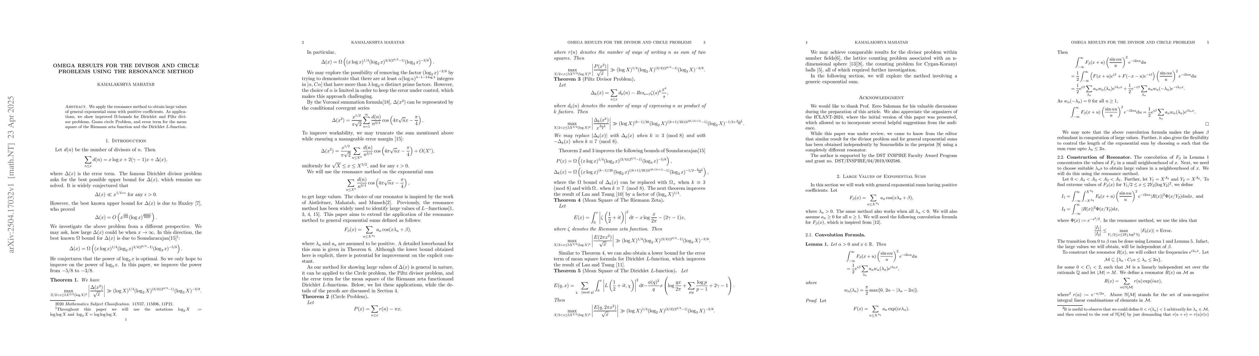 Thumbnail for Omega Results for The Divisor and Circle Problems Using The Resonance
  Method