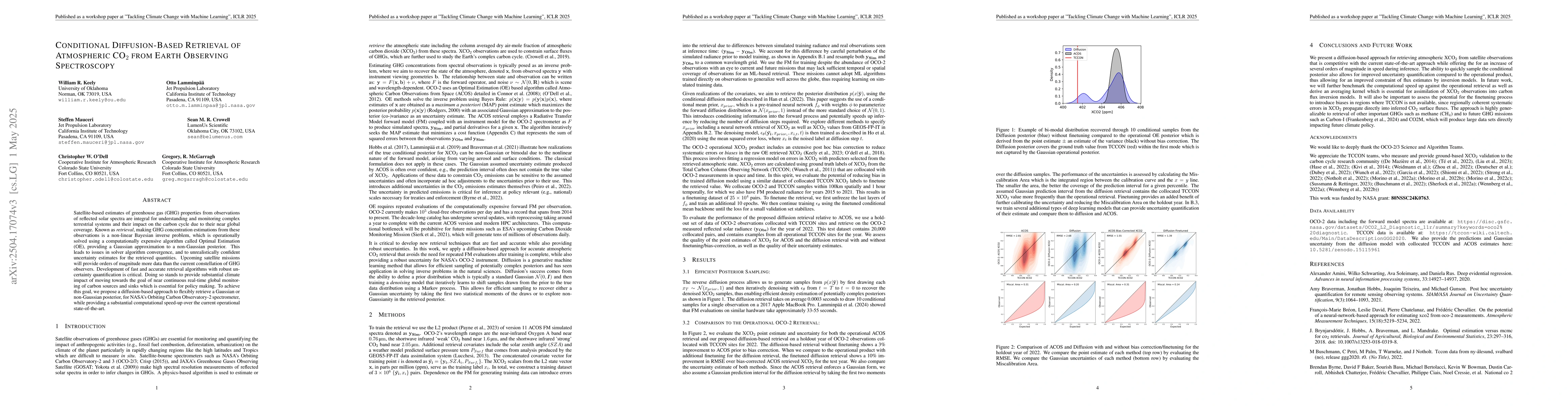 Thumbnail for Conditional Diffusion-Based Retrieval of Atmospheric CO2 from Earth
  Observing Spectroscopy