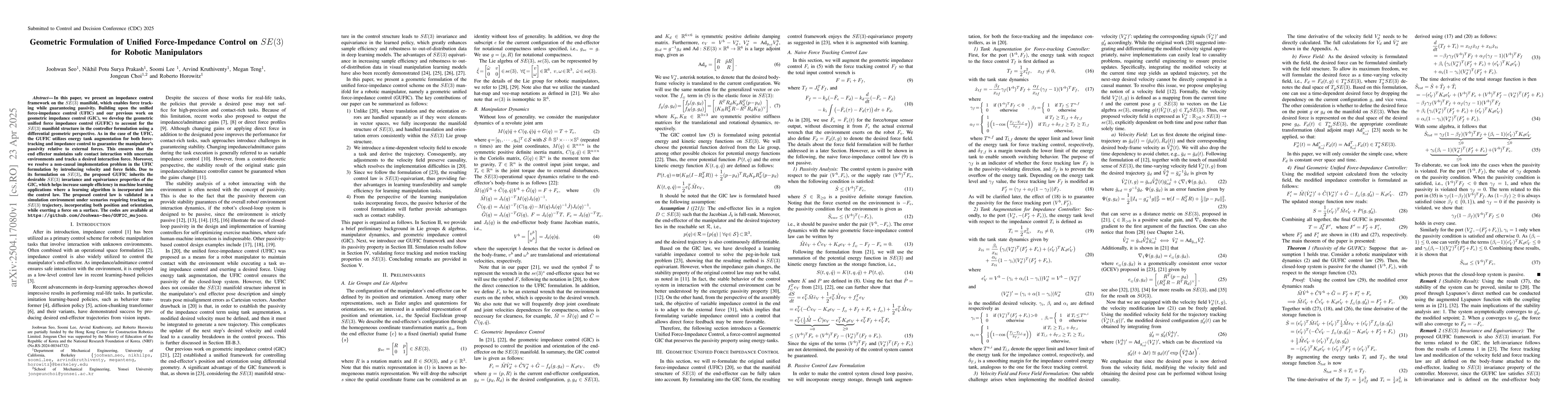 Thumbnail for Geometric Formulation of Unified Force-Impedance Control on SE(3) for
  Robotic Manipulators