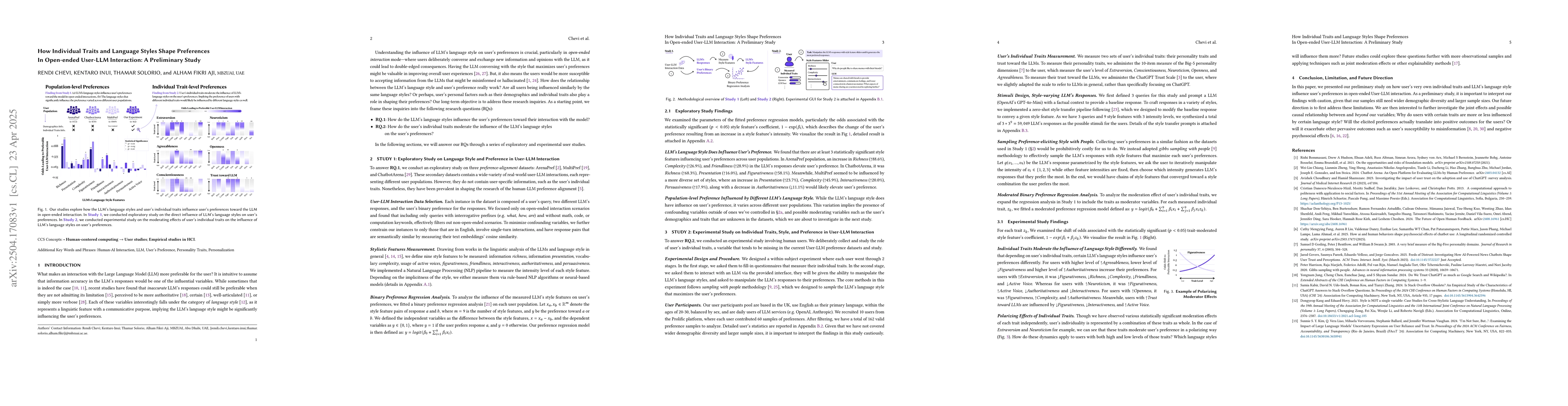 Thumbnail for How Individual Traits and Language Styles Shape Preferences In
  Open-ended User-LLM Interaction: A Preliminary Study