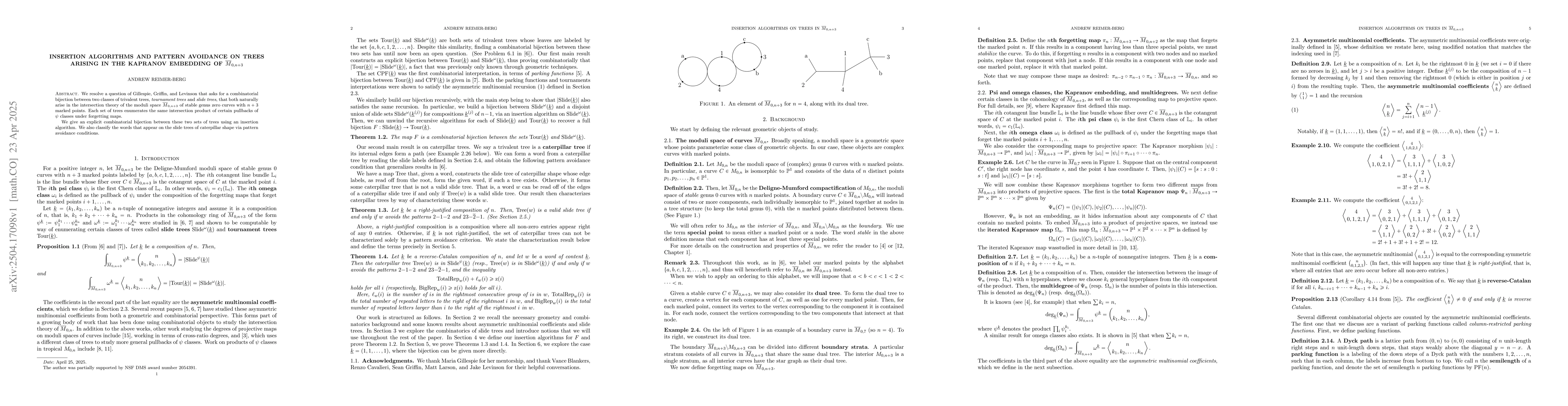 Thumbnail for Insertion algorithms and pattern avoidance on trees arising in the
  Kapranov embedding of $\overline{M}_{0,n+3}$