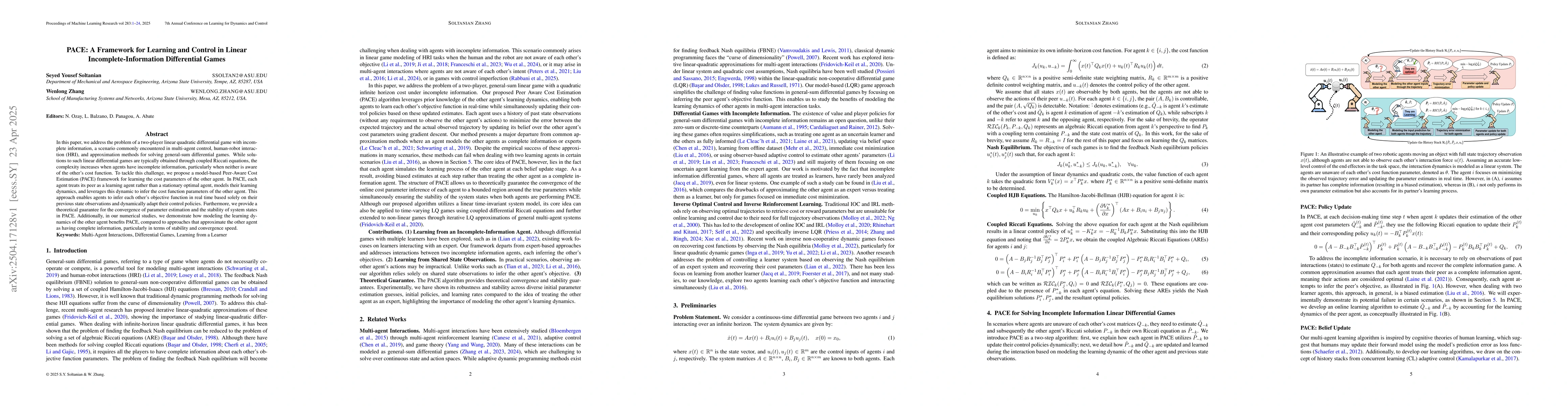 Thumbnail for PACE: A Framework for Learning and Control in Linear
  Incomplete-Information Differential Games