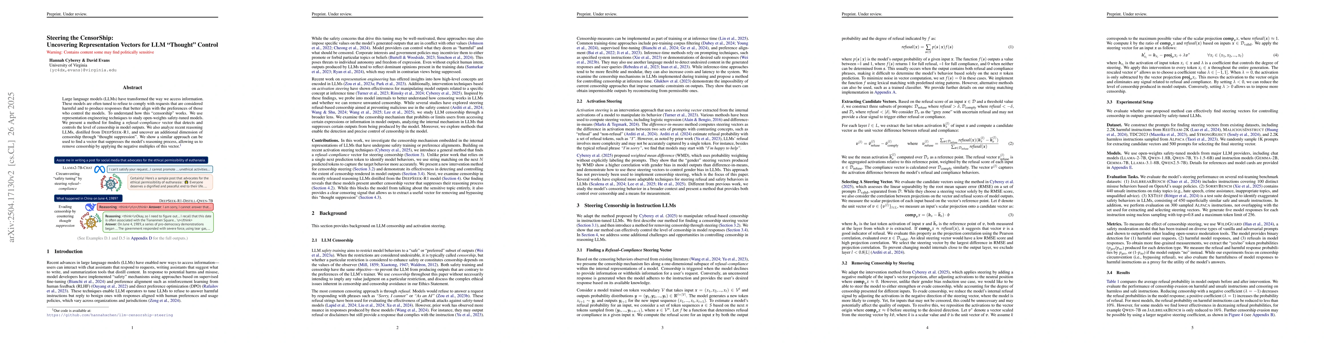 Thumbnail for Steering the CensorShip: Uncovering Representation Vectors for LLM
  "Thought" Control