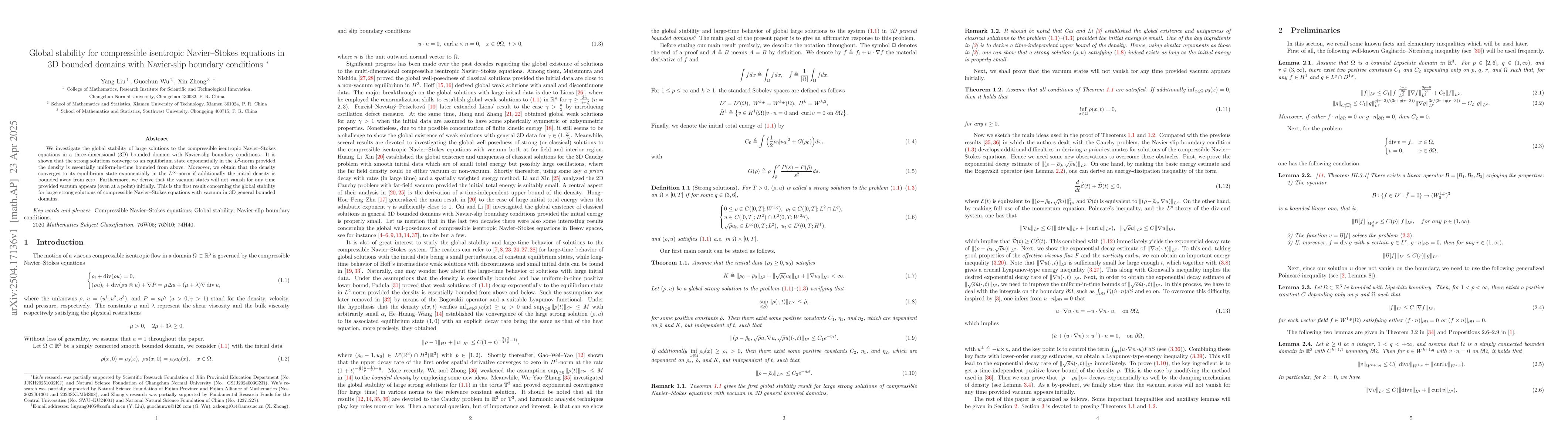 Thumbnail for Global stability for compressible isentropic Navier-Stokes equations in
  3D bounded domains with Navier-slip boundary conditions