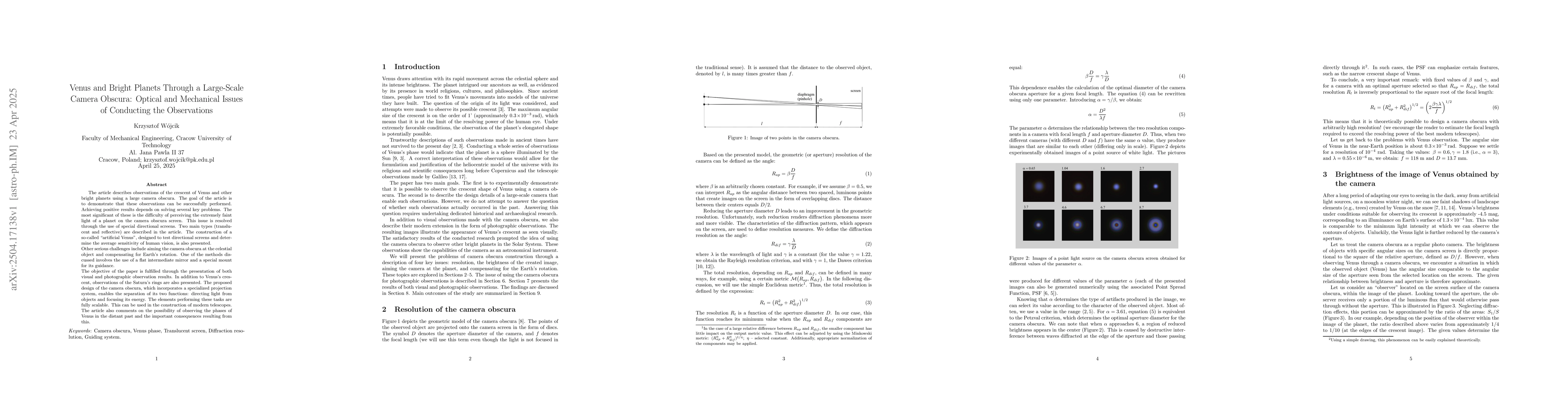 Thumbnail for Venus and Bright Planets Through a Large-Scale Camera Obscura: Optical
  and Mechanical Issues of Conducting the Observations