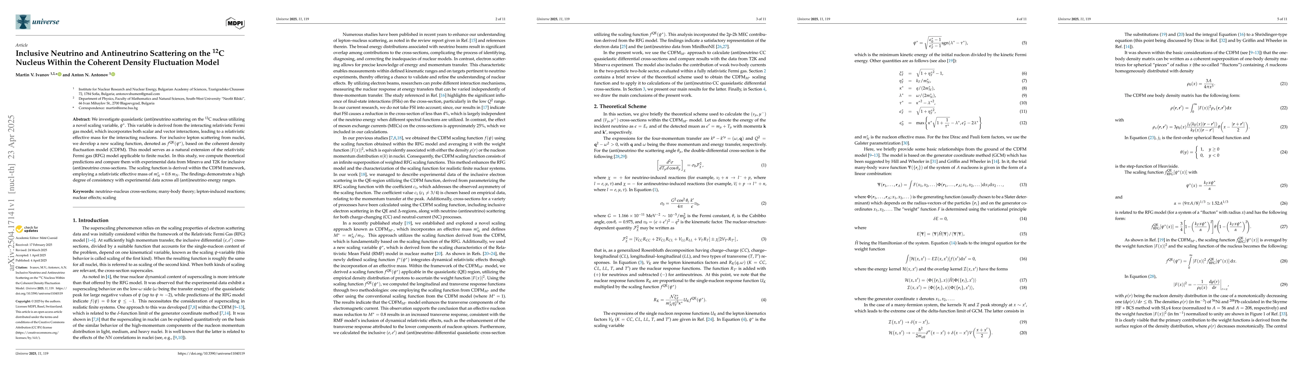 Thumbnail for Inclusive Neutrino and Antineutrino Scattering on the $^{12}$C Nucleus
  Within the Coherent Density Fluctuation Model