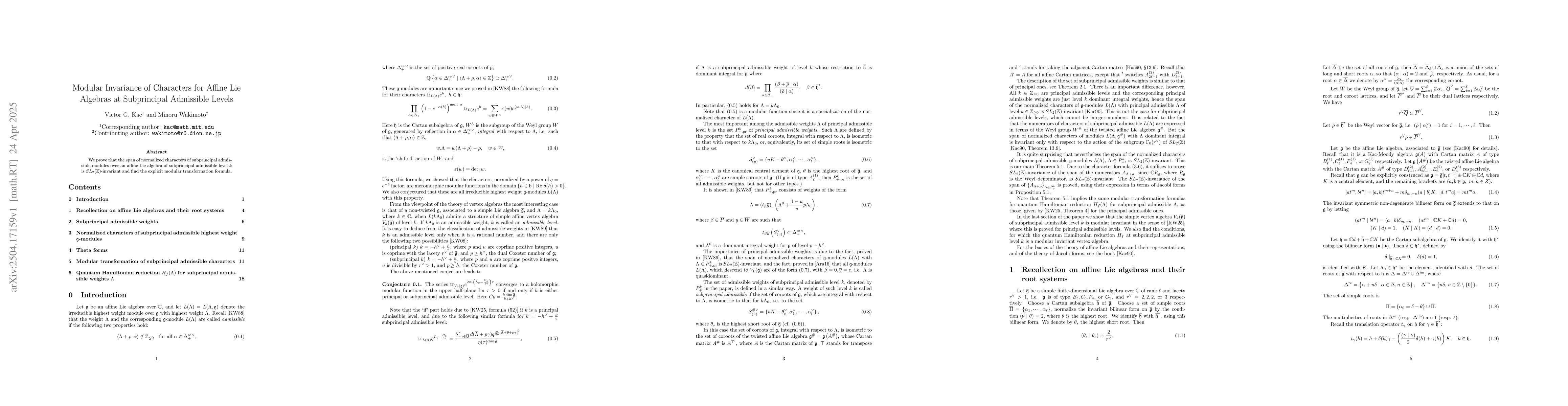 Thumbnail for Modular Invariance of Characters for Affine Lie Algebras at Subprincipal
  Admissible Levels