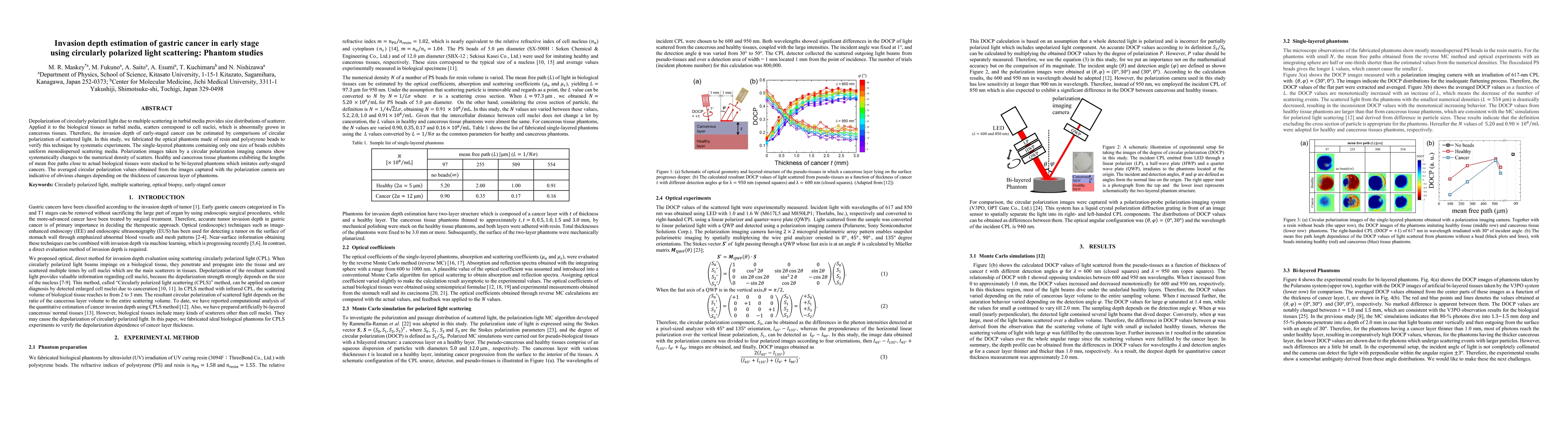 Thumbnail for Invasion depth estimation of gastric cancer in early stage using
  circularly polarized light scattering: Phantom studies