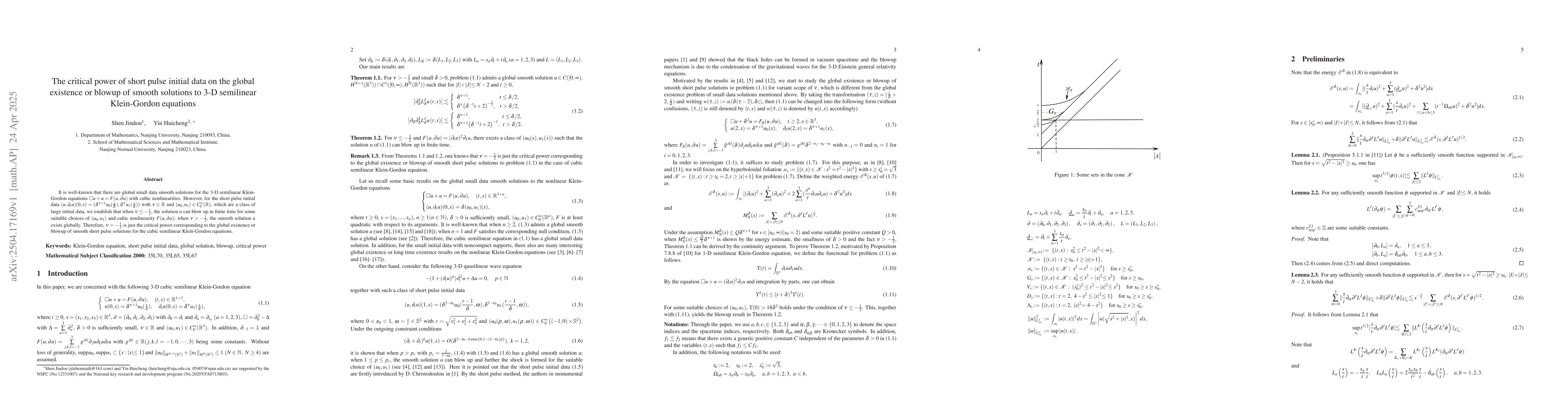 Thumbnail for The critical power of short pulse initial data on the global existence
  or blowup of smooth solutions to 3-D semilinear Klein-Gordon equations