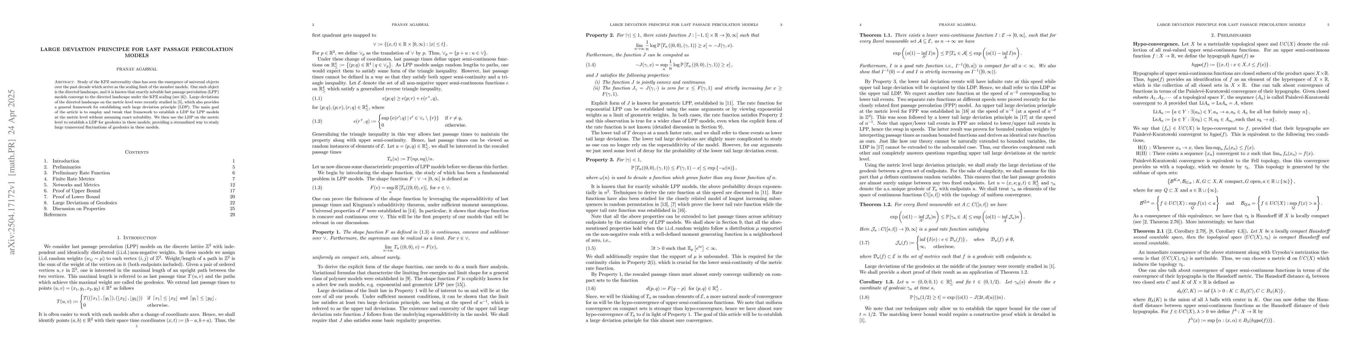 Thumbnail for Large Deviation Principle for Last Passage Percolation Models