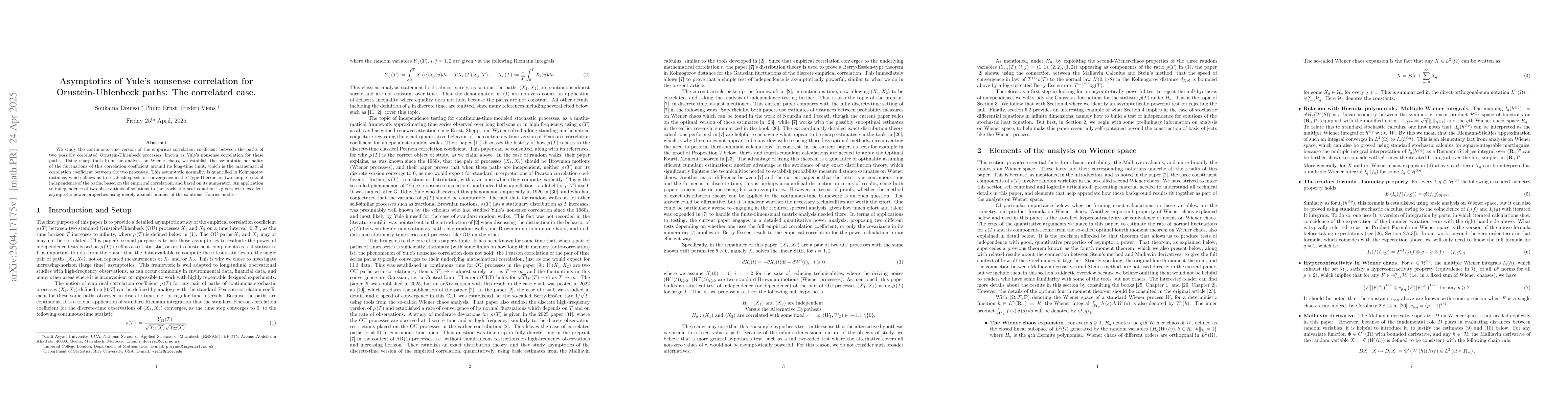 Thumbnail for Asymptotics of Yule's nonsense correlation for Ornstein-Uhlenbeck paths:
  The correlated case