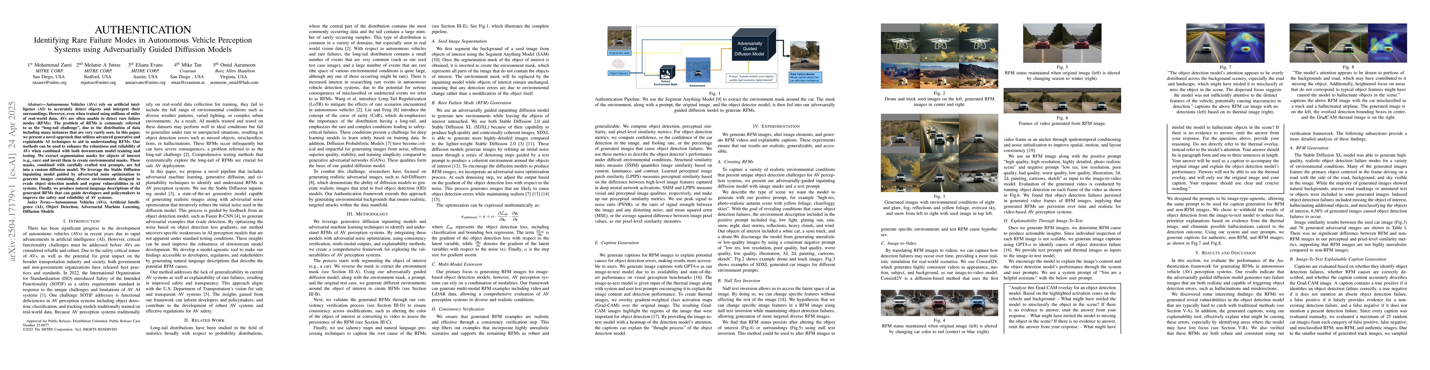 Thumbnail for AUTHENTICATION: Identifying Rare Failure Modes in Autonomous Vehicle
  Perception Systems using Adversarially Guided Diffusion Models
