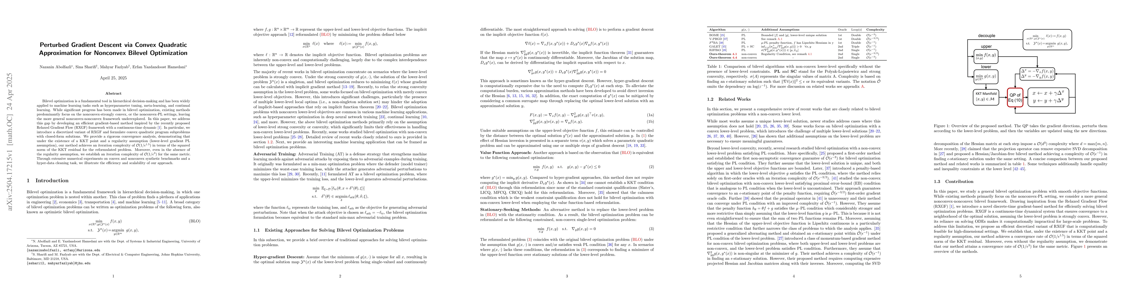 Thumbnail for Perturbed Gradient Descent via Convex Quadratic Approximation for
  Nonconvex Bilevel Optimization
