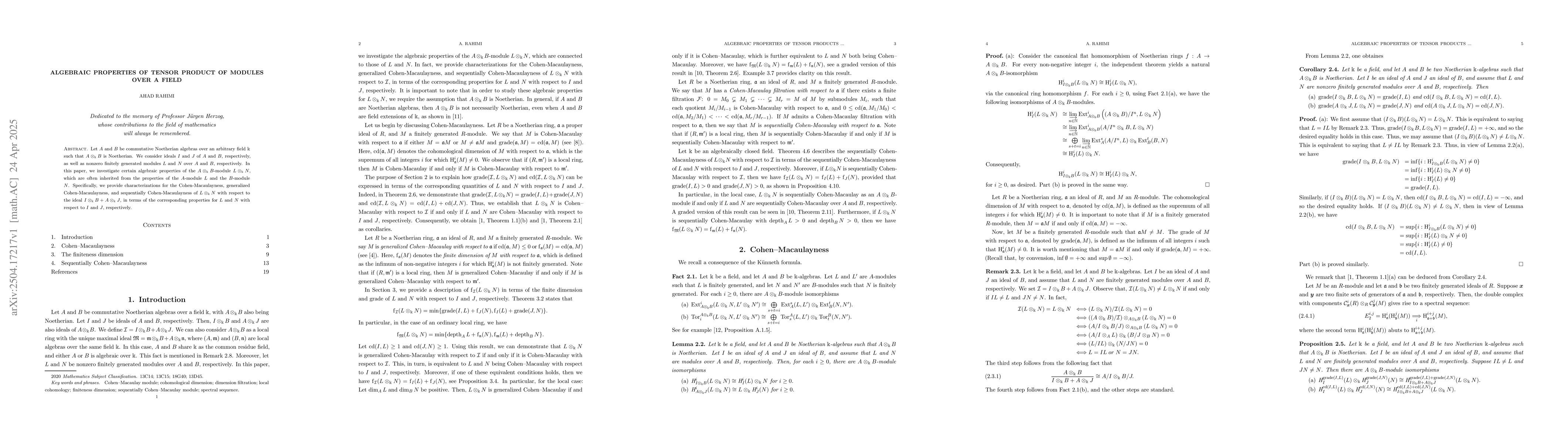 Thumbnail for Algebraic properties of tensor product of modules over a field