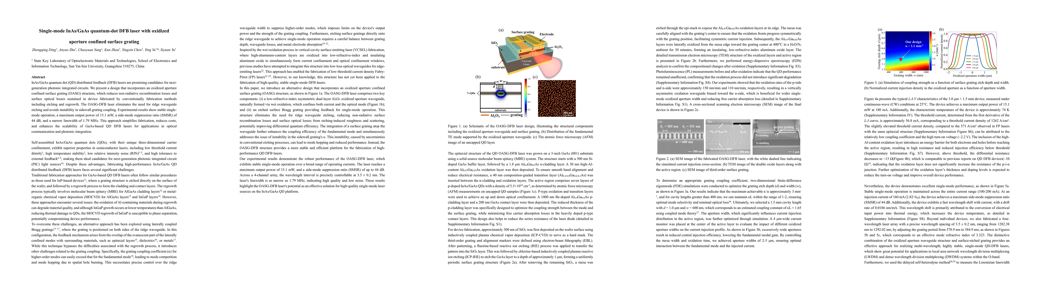 Thumbnail for Single-mode InAs/GaAs quantum-dot DFB laser with oxidized aperture
  confined surface grating