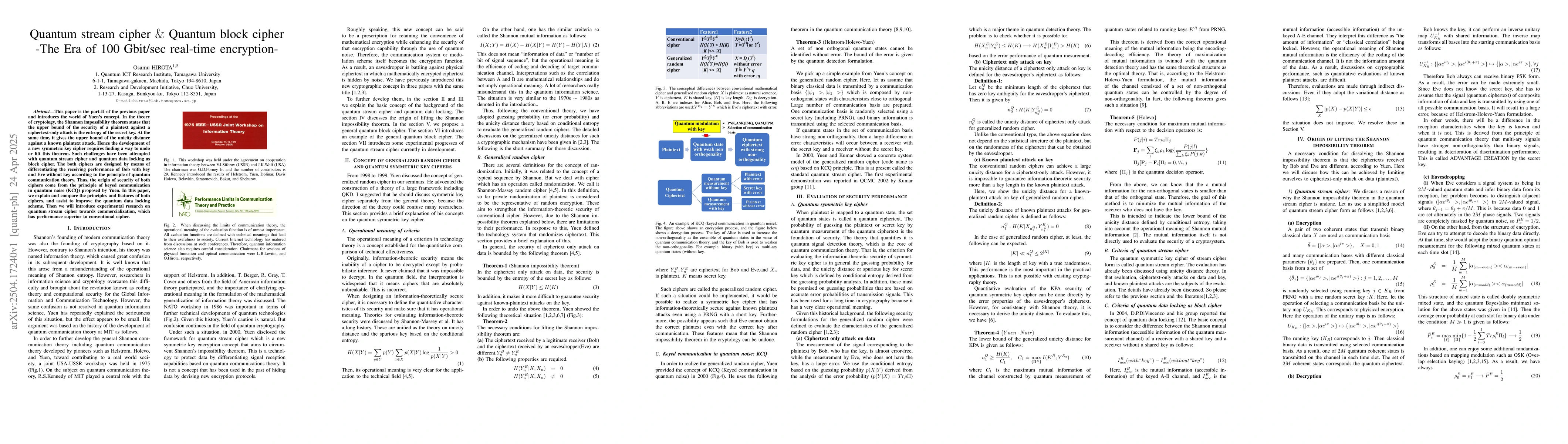 Thumbnail for Quantum stream cipher and Quantum block cipher -The Era of 100 Gbit/sec
  real-time encryption-