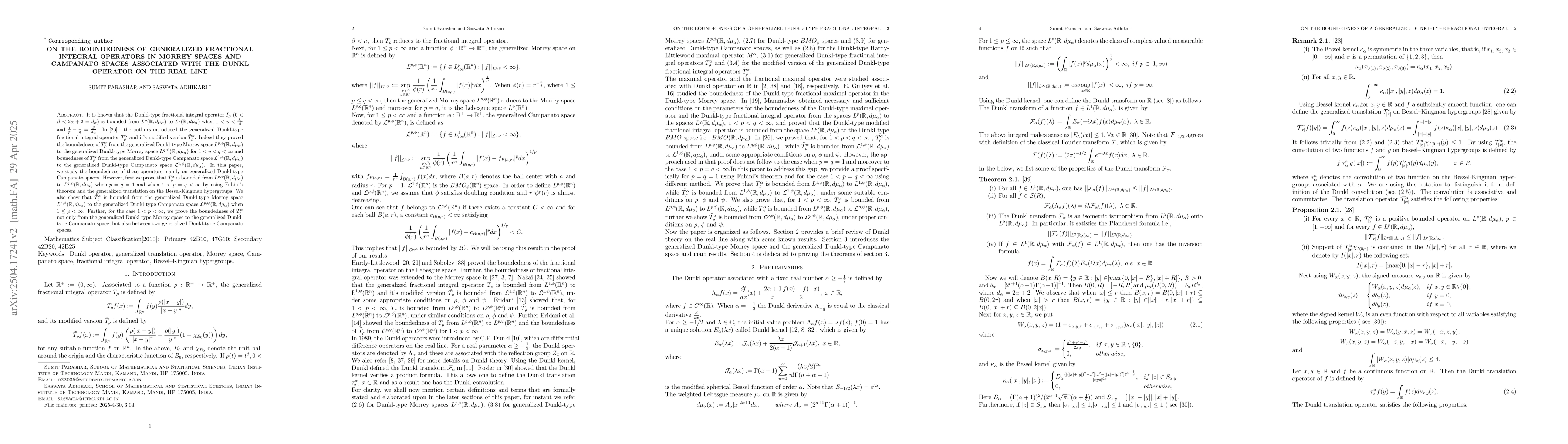 Thumbnail for On the Boundedness of Generalized Fractional Integral Operators in
  Morrey Spaces and Camapanato Spaces associated with the Dunkl Operator on the
  Real line