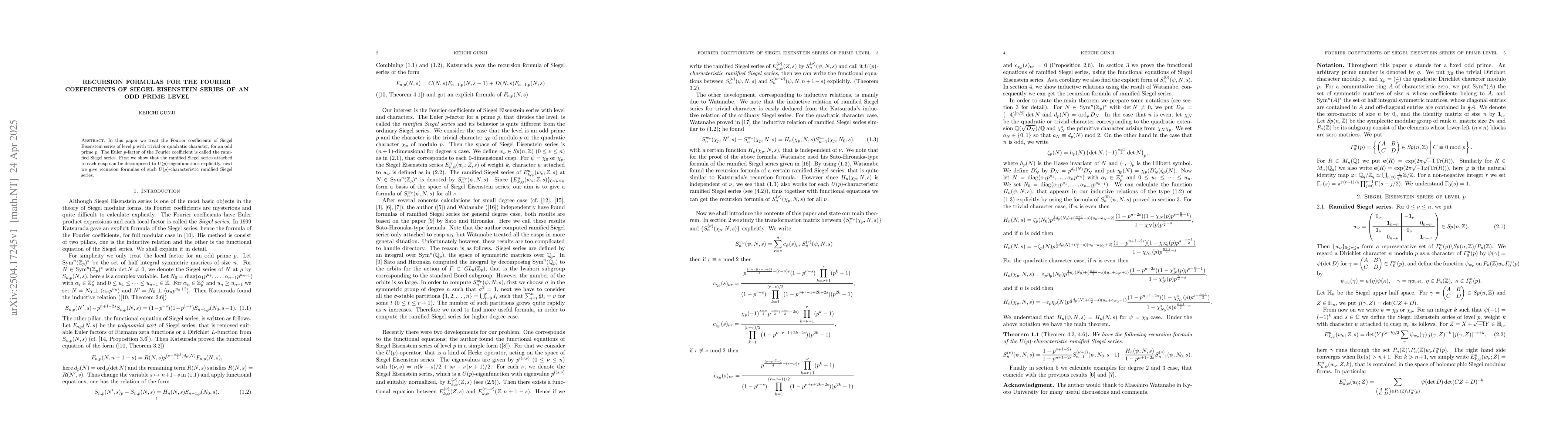 Thumbnail for Recursion formulas for the Fourier coefficients of Siegel Eisenstein
  series of an odd prime level