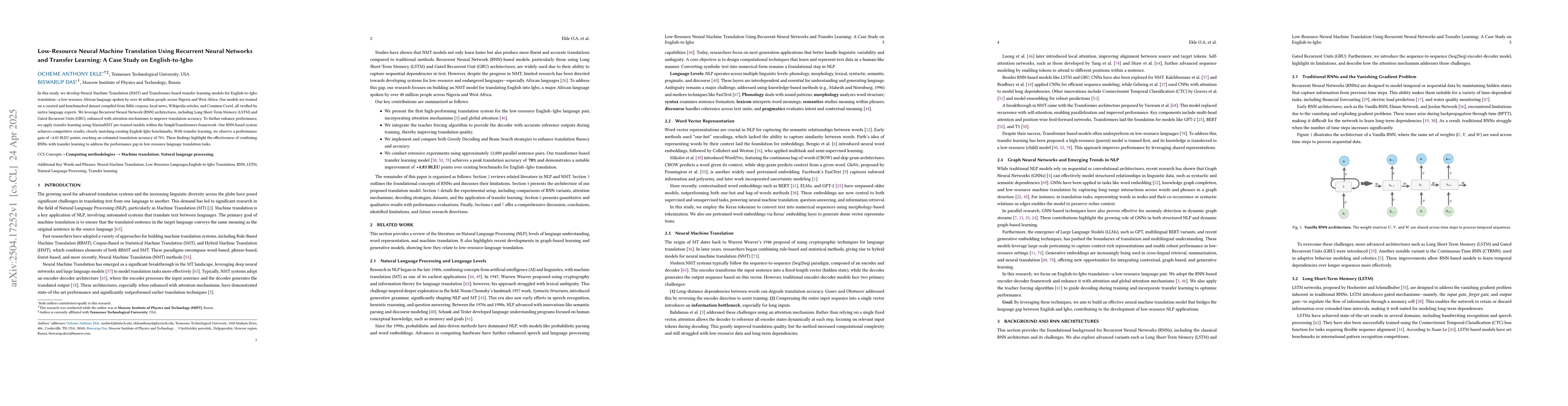 Thumbnail for Low-Resource Neural Machine Translation Using Recurrent Neural Networks
  and Transfer Learning: A Case Study on English-to-Igbo