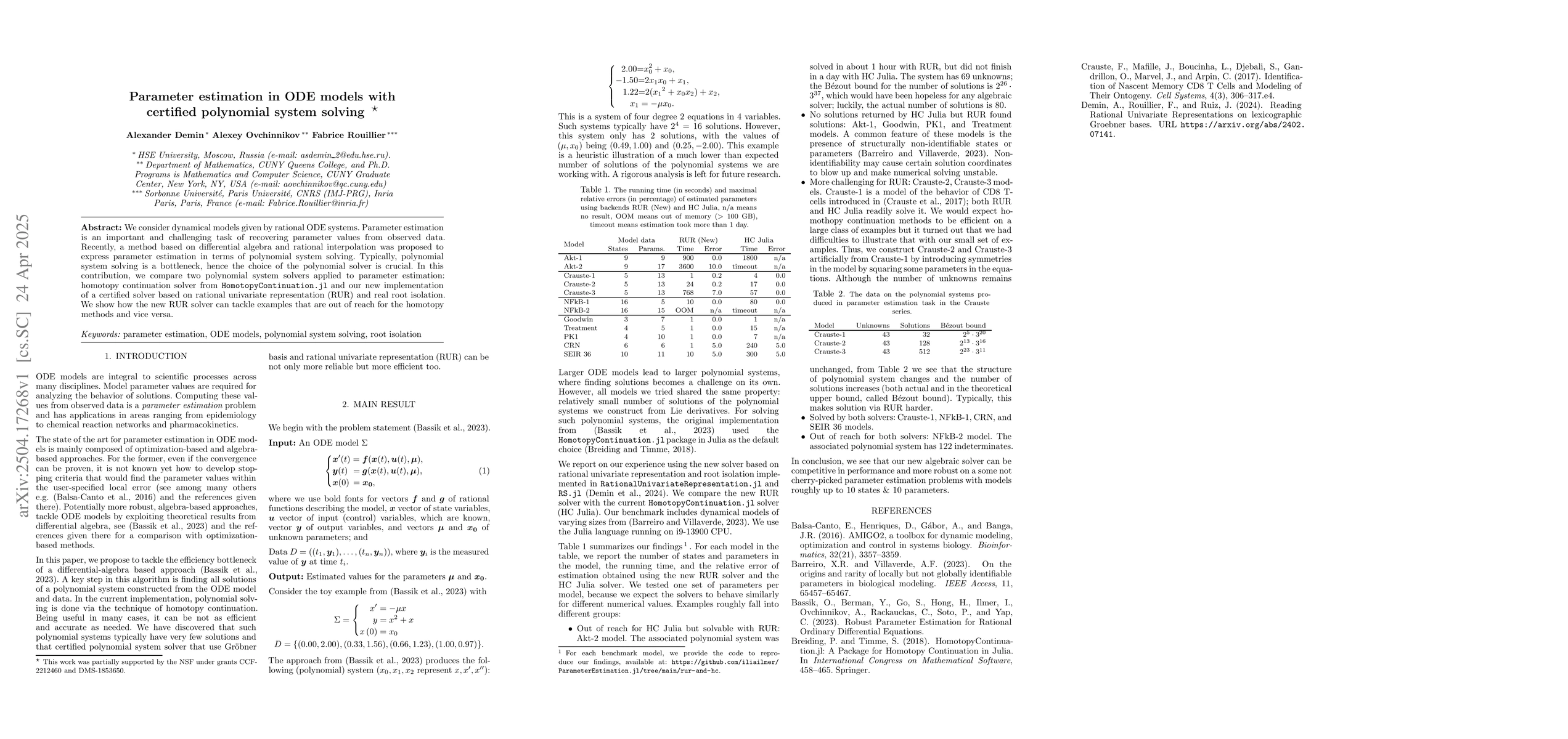 Thumbnail for Parameter Estimation in ODE Models with Certified Polynomial System
  Solving