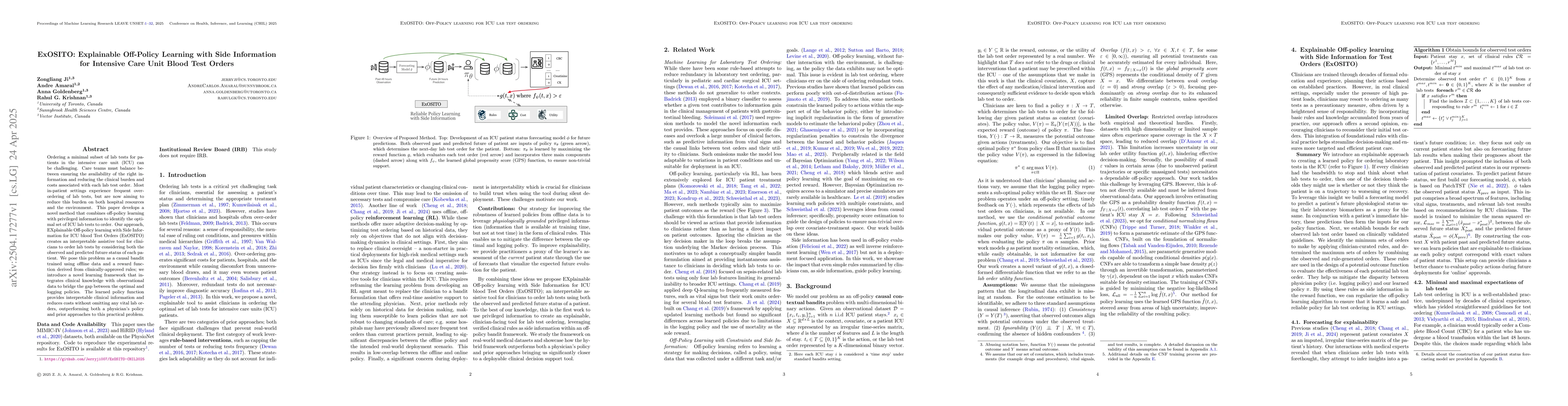 Thumbnail for ExOSITO: Explainable Off-Policy Learning with Side Information for
  Intensive Care Unit Blood Test Orders