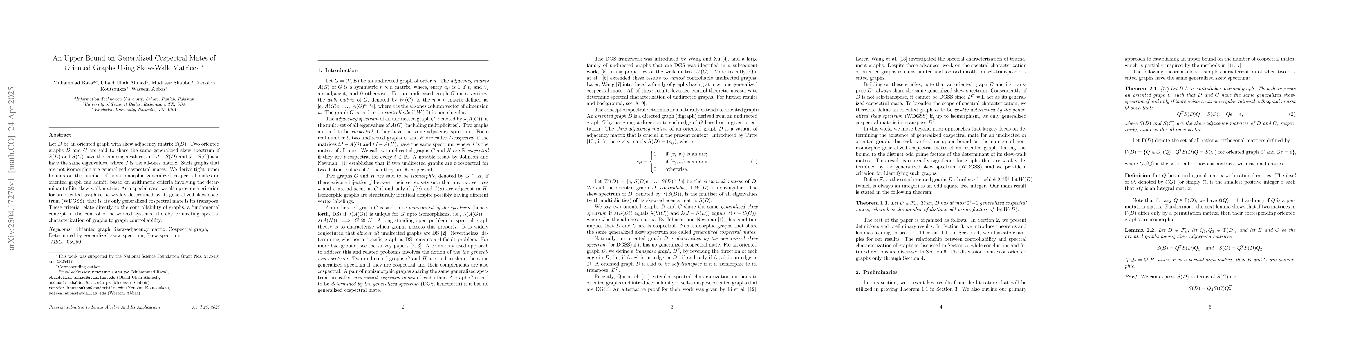 Thumbnail for An Upper Bound on Generalized Cospectral Mates of Oriented Graphs Using
  Skew-Walk Matrices