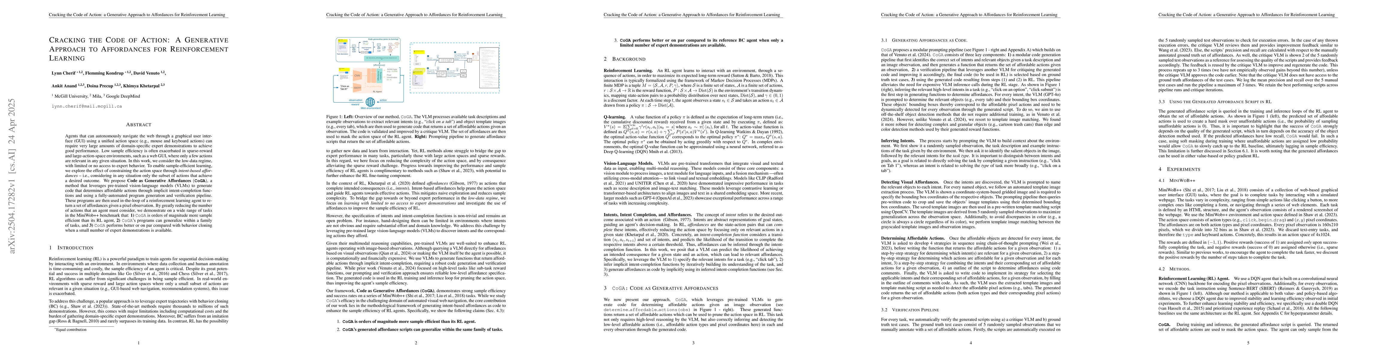 Thumbnail for Cracking the Code of Action: a Generative Approach to Affordances for
  Reinforcement Learning