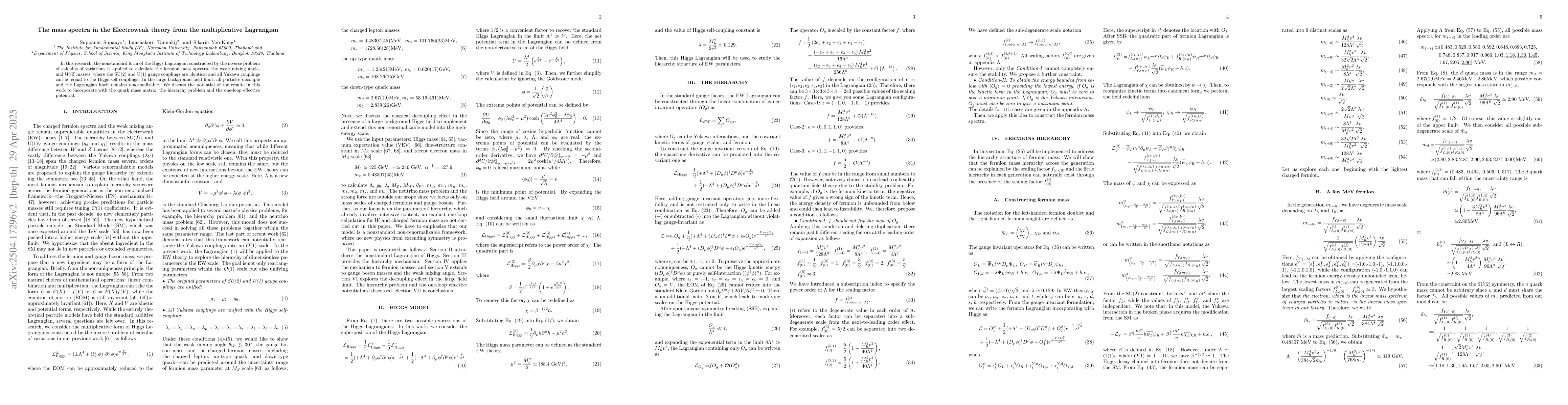 Thumbnail for The mass spectra in the Electroweak theory from the multiplicative
  Lagrangian
